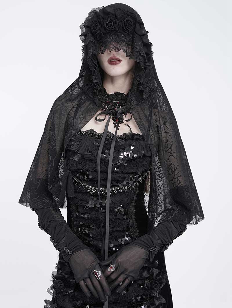 Black Gothic Rose Patterned Mesh Mantilla Veil