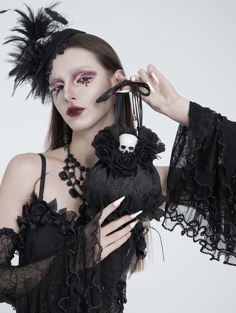 Black Gothic Skull Rose Drawstring Pouch Bag