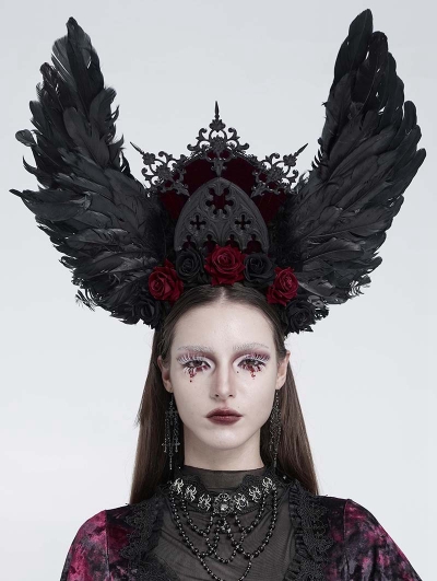 Black and Red Rose Gothic Feather Wing Headband