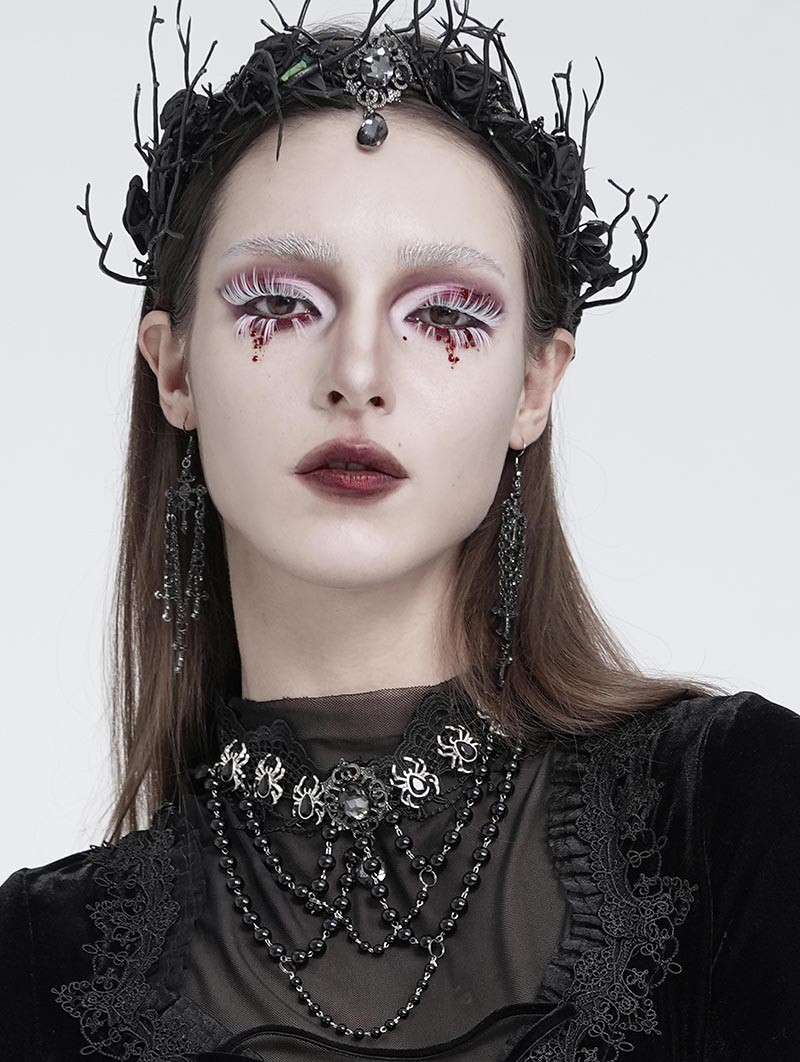Black Gothic Spider Crystal Beaded Lace Necklace