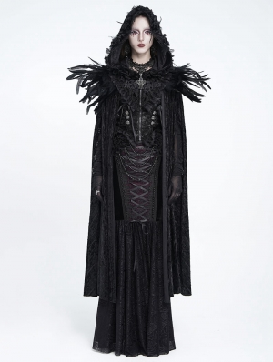 Black Retro Gothic Feather Hooded Cloak for Women