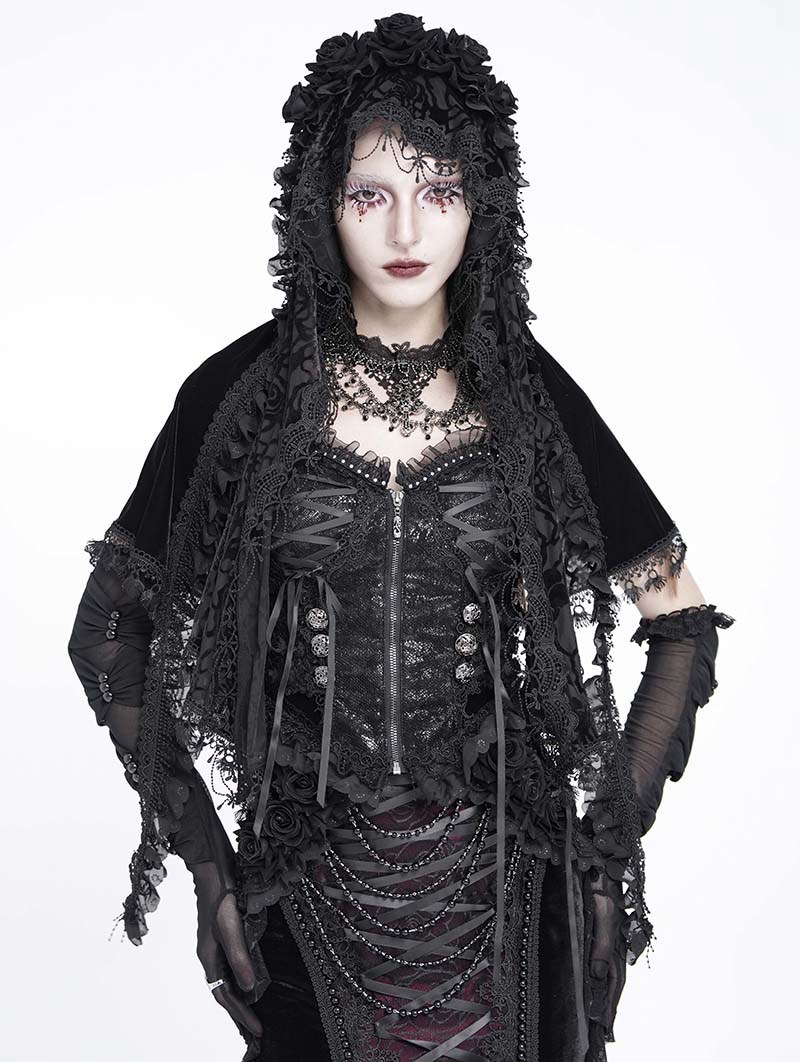 Black Gothic Floral Lace Tassel Hooded Cloak for Women