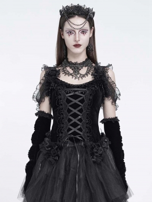 Black Gothic Floral Lace Applique Ruffled Corset Top
