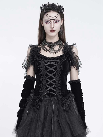 Black Gothic Floral Lace Applique Ruffled Corset Top
