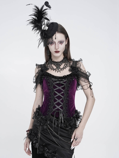 Black and Purple Gothic Floral Lace Applique Ruffled Corset Top
