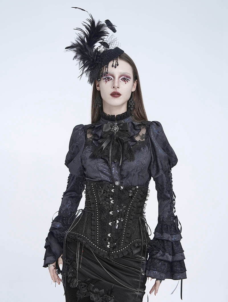 Black Gothic Floral Sequin Mesh Underbust Corset