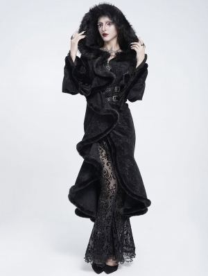 Black Gothic Faux Fur Trim Hooded Buckle Coat for Women