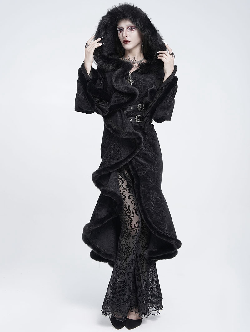 Black Gothic Faux Fur Trim Hooded Buckle Coat for Women