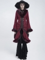 Wine Red Gothic Plush Fur Trim Flared Coat for Women