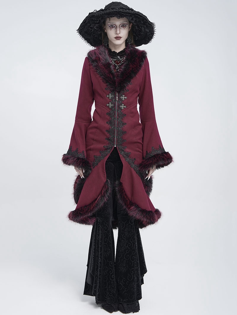 Wine Red Gothic Plush Fur Trim Flared Coat for Women