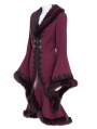 Wine Red Gothic Plush Fur Trim Flared Coat for Women