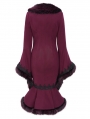 Wine Red Gothic Plush Fur Trim Flared Coat for Women