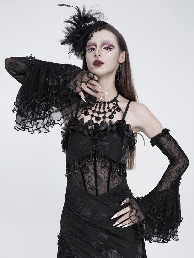 Black Gothic Beaded Floral Lace Flared Sleeves