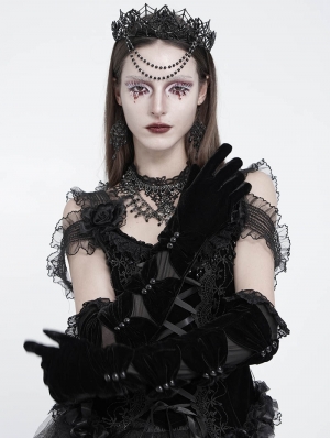 Black Gothic Velvet Patchwork Full Finger Gloves