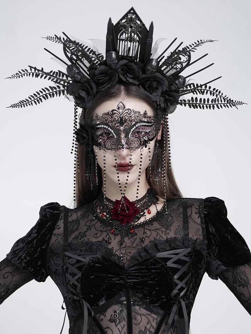Black Gothic Floral Beaded Tassel Masquerade Mask