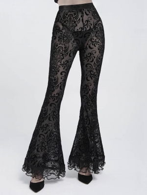 Black Gothic Floral Flocked Beaded Mesh Flared Leggings