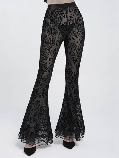 Black Gothic Floral Flocked Beaded Mesh Flared Leggings