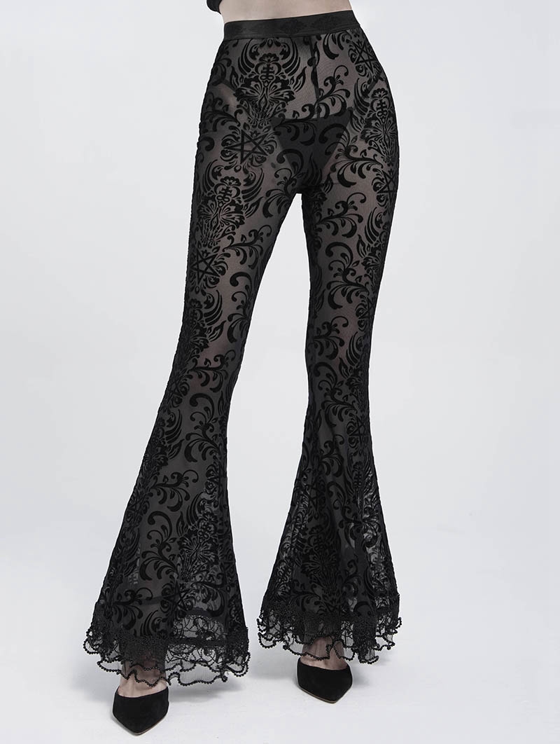 Black Gothic Floral Flocked Beaded Mesh Flared Leggings