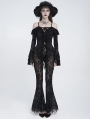 Black Gothic Floral Flocked Beaded Mesh Flared Leggings