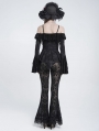 Black Gothic Floral Flocked Beaded Mesh Flared Leggings