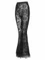 Black Gothic Floral Flocked Beaded Mesh Flared Leggings
