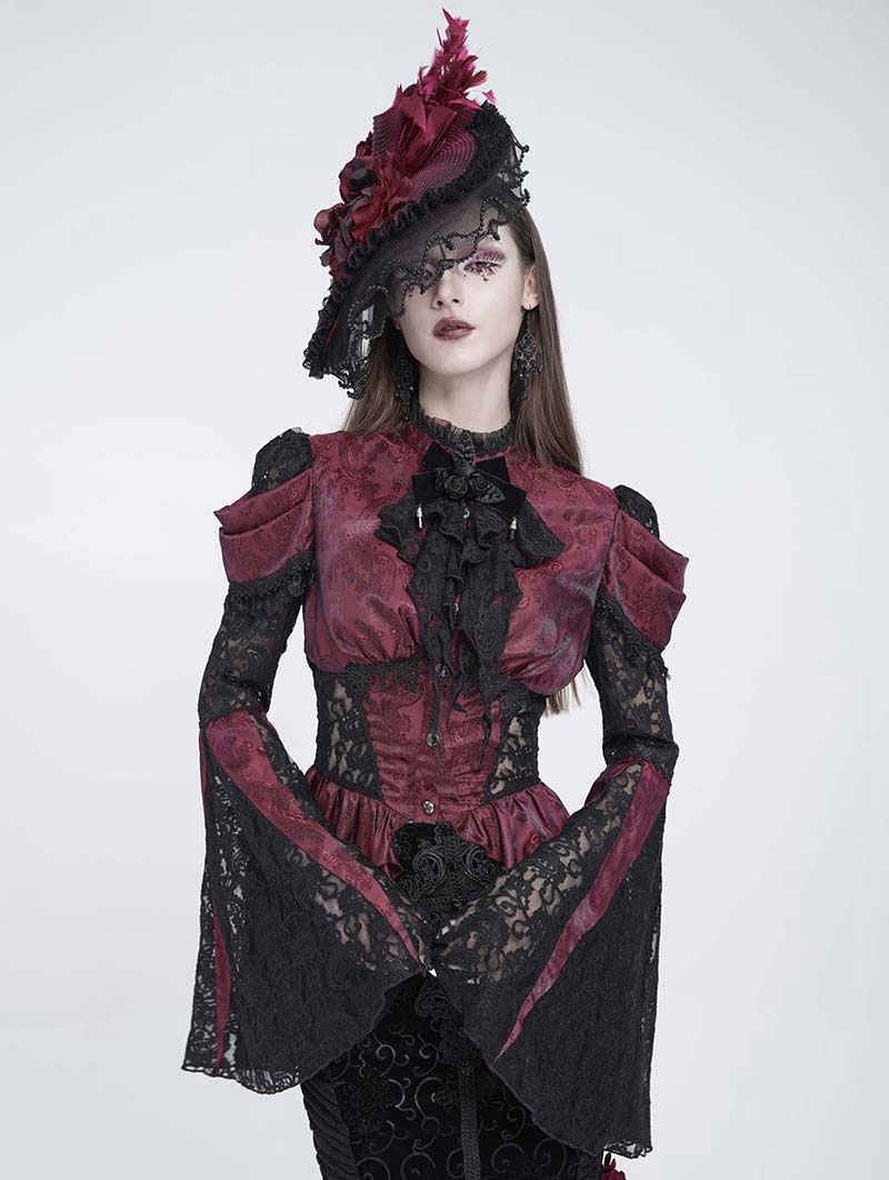 Red and Black Retro Gothic Lace Patchwork Shirt for Women