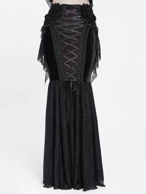 Black Gothic Beaded Velvet Mesh Patchwork Fishtail Skirt