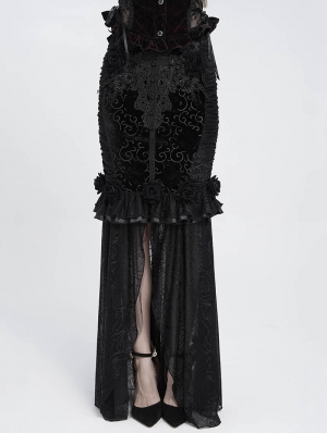 Black Gothic Rose Slit Mesh Velvet Fishtail Skirt