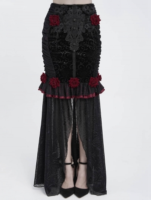 Black and Red Gothic Rose Slit Mesh Velvet Fishtail Skirt