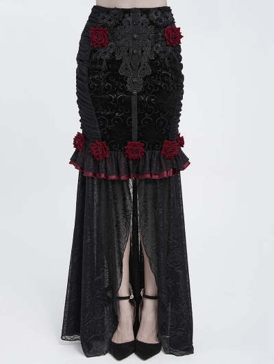 Black and Red Gothic Rose Slit Mesh Velvet Fishtail Skirt