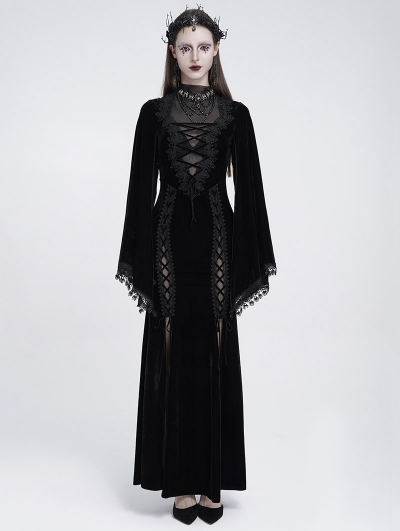 Black Gothic Deep Illusion Velvet Fishtail Maxi Dress