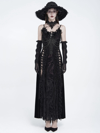 Black Gothic Floral Lace Beaded Spaghetti Strap Maxi Dress