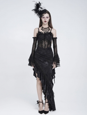 Black Gothic Floral Mesh Spliced Asymmetrical Ruffle Dress