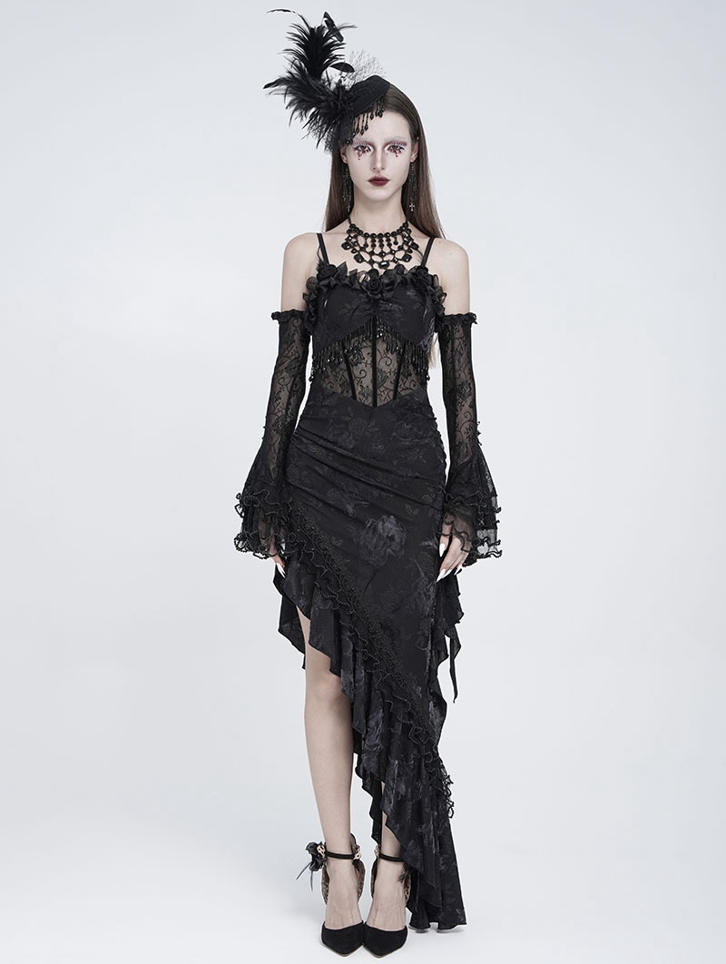 Black Gothic Floral Mesh Spliced Asymmetrical Ruffle Dress
