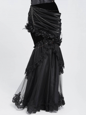 Black Gothic Ruched Asymmetric Layered Mermaid Maxi Skirt