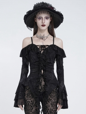 Black Gothic Off-Shoulder Ruffled Bell Sleeve Top for Women