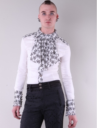 White Bowtie Long Sleeves Gothic Pattern Blouse for Men