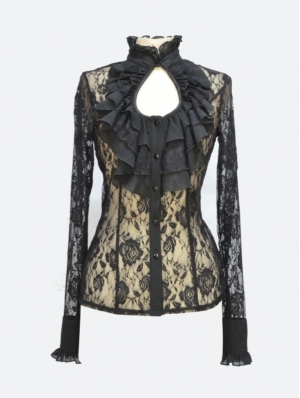 Black Rose Lace Keyhole Sexy Gothic Blouse for Women