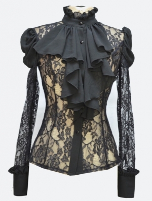 Black Rose Lace Bowtie Sexy Gothic Blouse for Women