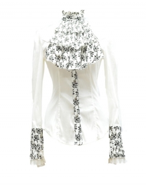 White Bowtie Long Sleeves Gothic Pattern Blouse for Women