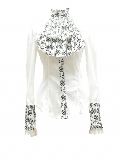 White Bowtie Long Sleeves Gothic Pattern Blouse for Women