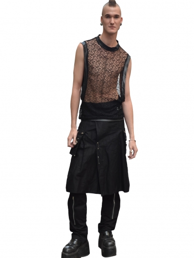 Black Net Sleeveless Gothic Shirt for Men