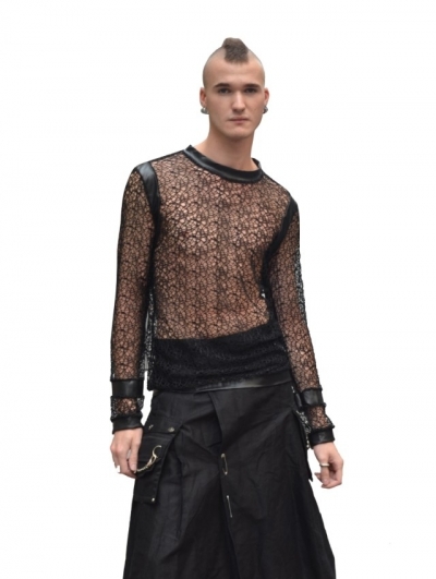 Black Net Long Sleeves Gothic Shirt for Men