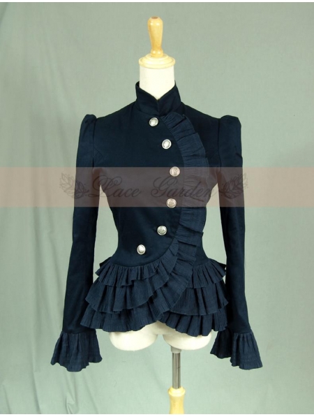 Navy Blue Long Sleeves Ruffles Gothic Jacket for Women - Devilnight.co.uk