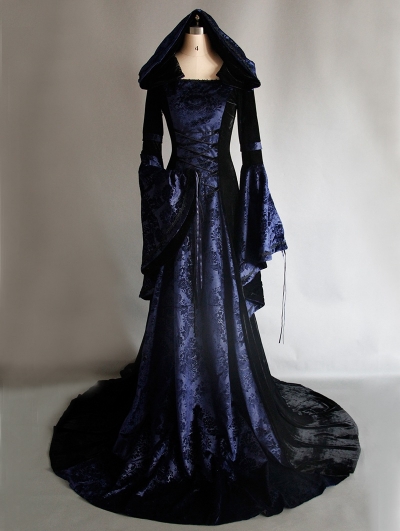 Navy Blue and Black Velvet Gothic Hooded Medieval Dress