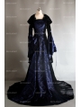 Navy Blue and Black Velvet Gothic Hooded Medieval Dress