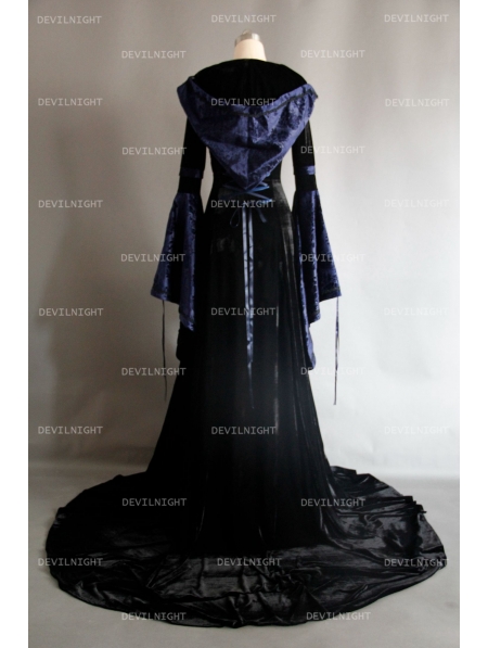 Navy Blue and Black Velvet Gothic Hooded Medieval Dress - Devilnight.co.uk