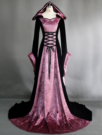 Purple and Black Velvet Gothic Hooded Medieval Dress
