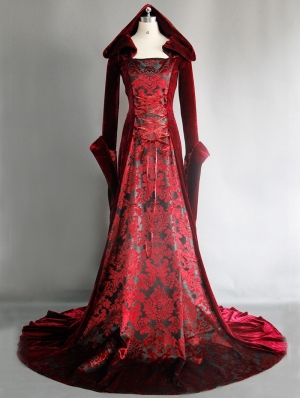 Red Velvet Gothic Hooded Medieval Dress