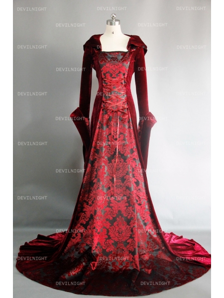 Red Velvet Gothic Hooded Medieval Dress - Devilnight.co.uk